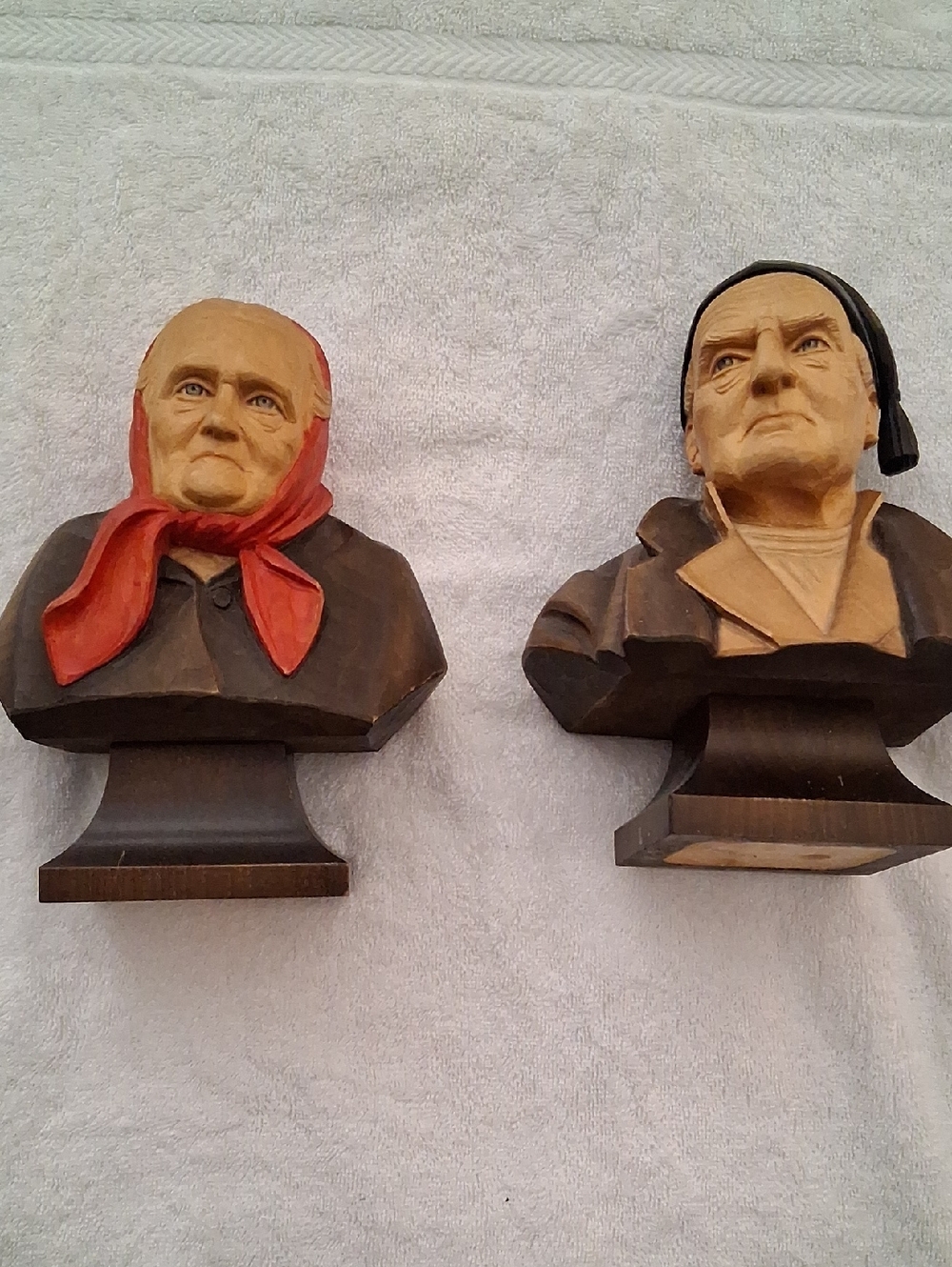 Pair of Vintage Hand-Carved Wood Busts - Red Accent